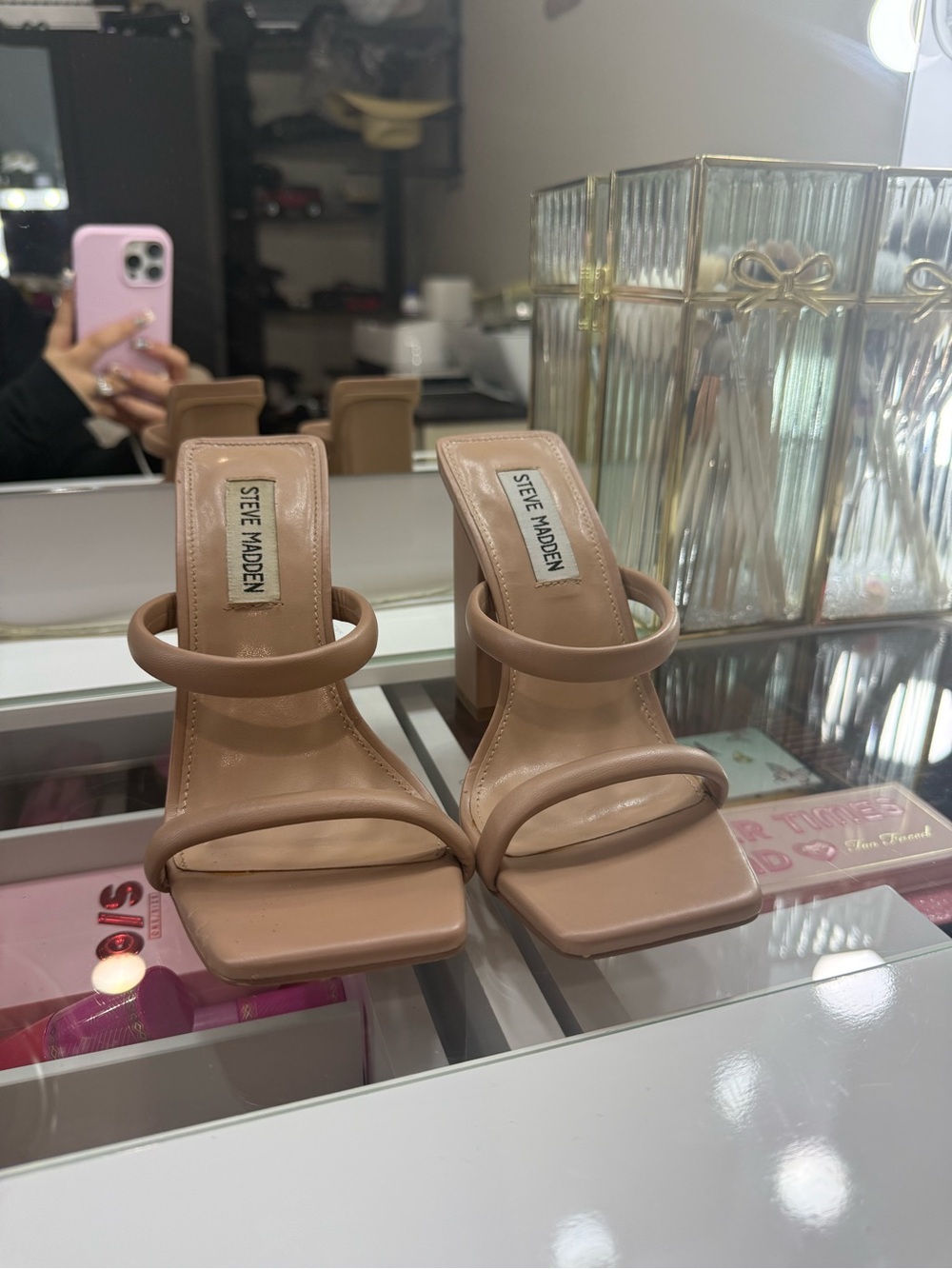 Steve Madden Beige Double-Strap Block Heel Sandals